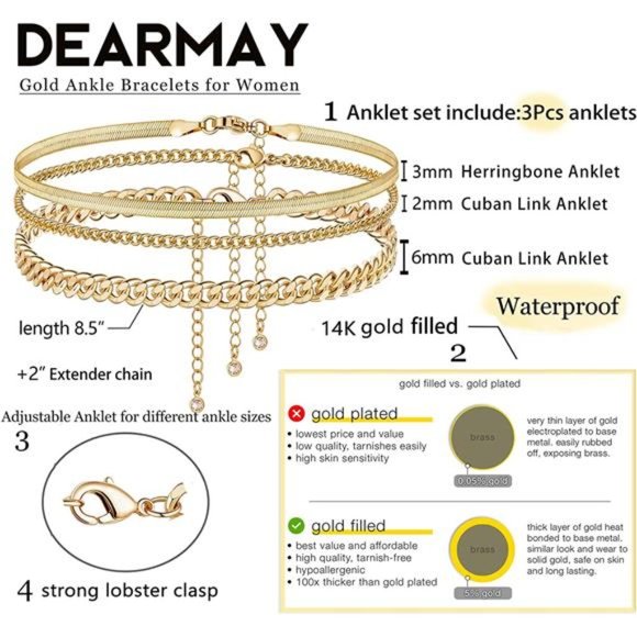 Gold Ankle Bracelets Women 14K Gold Anklets Waterproof Cuban Link Anklets Set - Picture 2 of 6